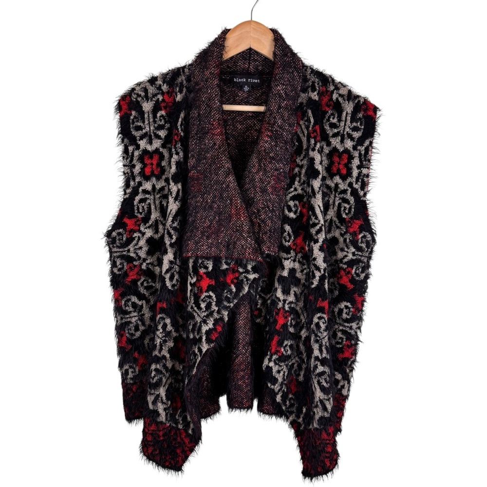 Black Rivet Tunic Vest Eyelash Trim Metallic Black Red Excellent Boho Metal